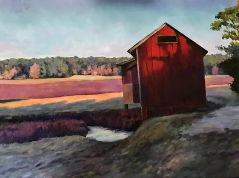 Autumn Light, original landscape painting of a red cranberry bog building in autumn