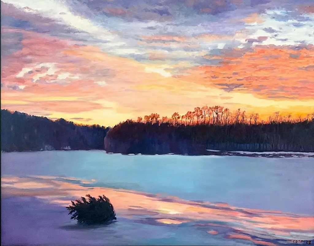 Oil painting of a frozen Connecticut River at sunset, with a small evergreen tree on the ice beneath a colorful winter sky.