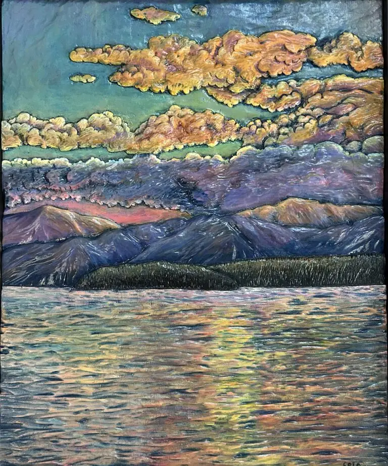 Flathead Sunrise, original painted wood sculpture depicting mountains, clouds, and reflected sunrise light on Flathead Lake