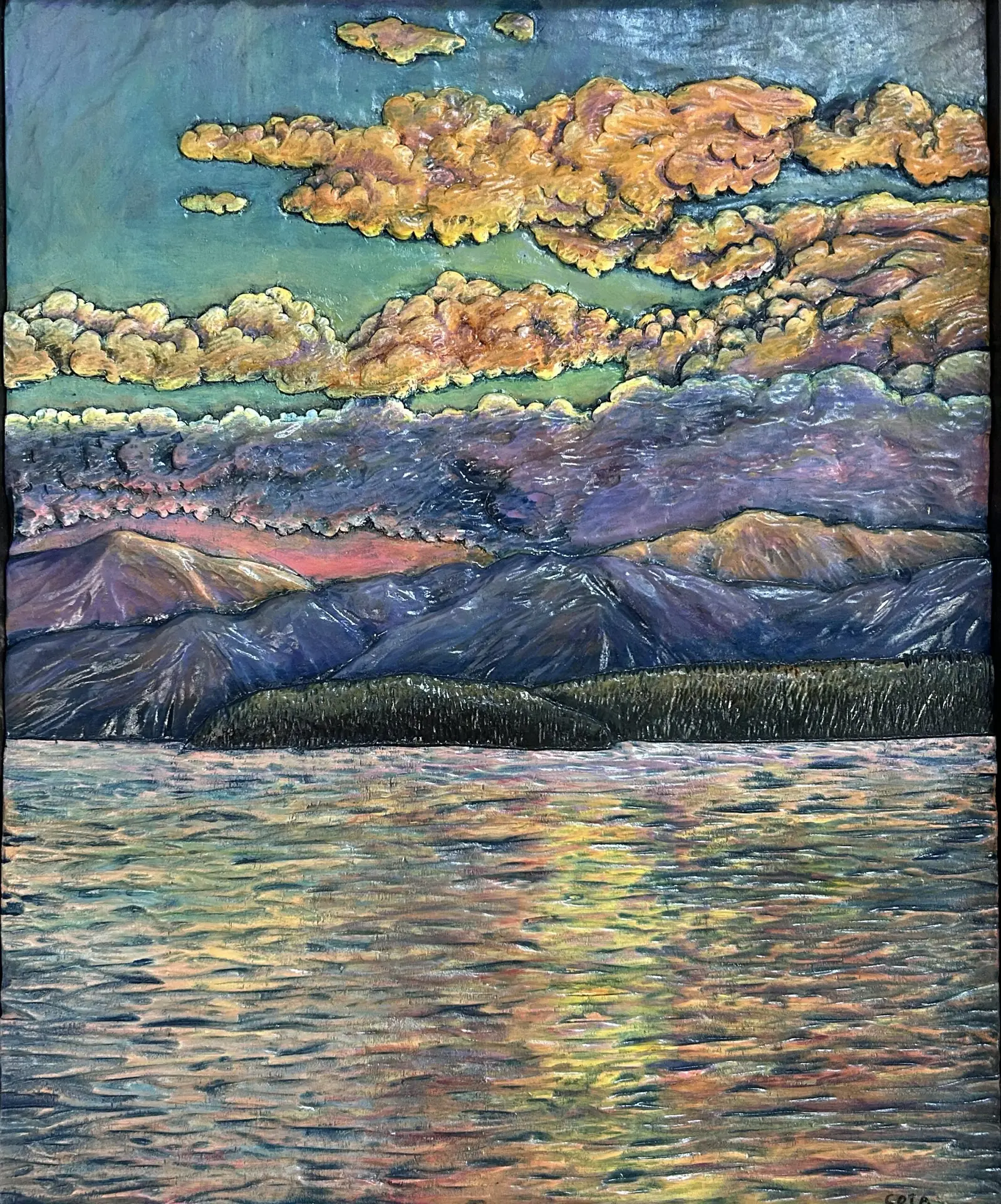 Hand-Carved, Painted Wood Relief of a Sunrise on Flathead Lake