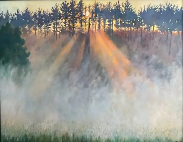 Chasing God Light, original landscape painting by Gary Cota showing sunlight streaming through a forest