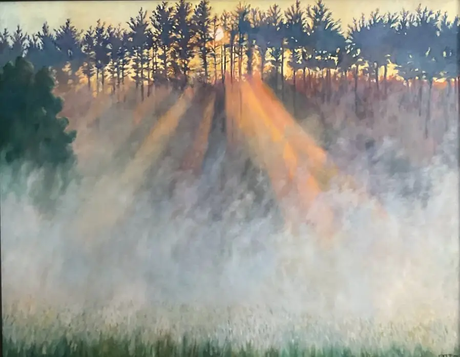 Gary Cota's Oil painting of golden sunlight streaming through a misty forest, illuminating tall trees and a grassy field.