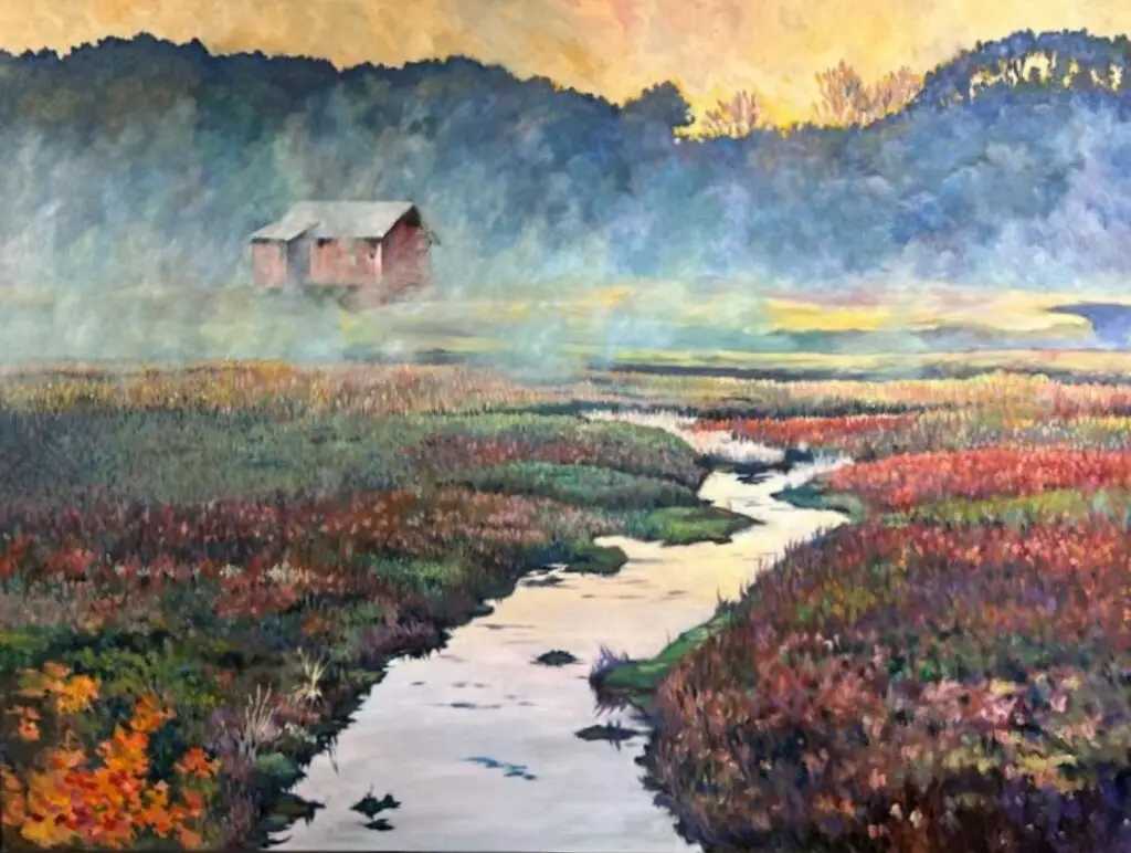 Oil painting of a misty Yarmouth cranberry bog at dawn, with colorful cranberry vines, a winding waterway, and a weathered shed.