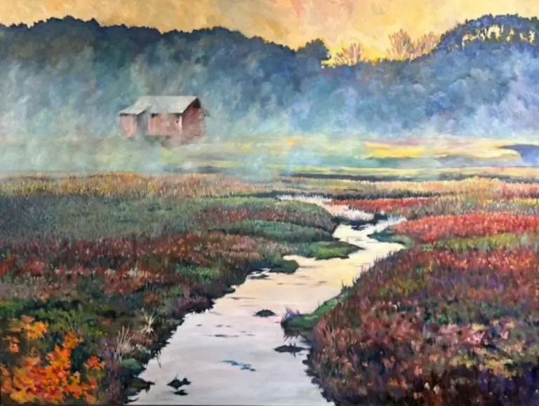 Oil painting of a misty Yarmouth cranberry bog at dawn, with colorful cranberry vines, a winding waterway, and a weathered shed.