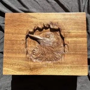 Hand-carved hardwood box featuring a bird fledgling.