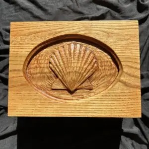 Hand-carved oak box featuring a raised scallop shell design.