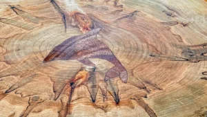 Spalted maple charcuterie board with an inlaid dolphin design.