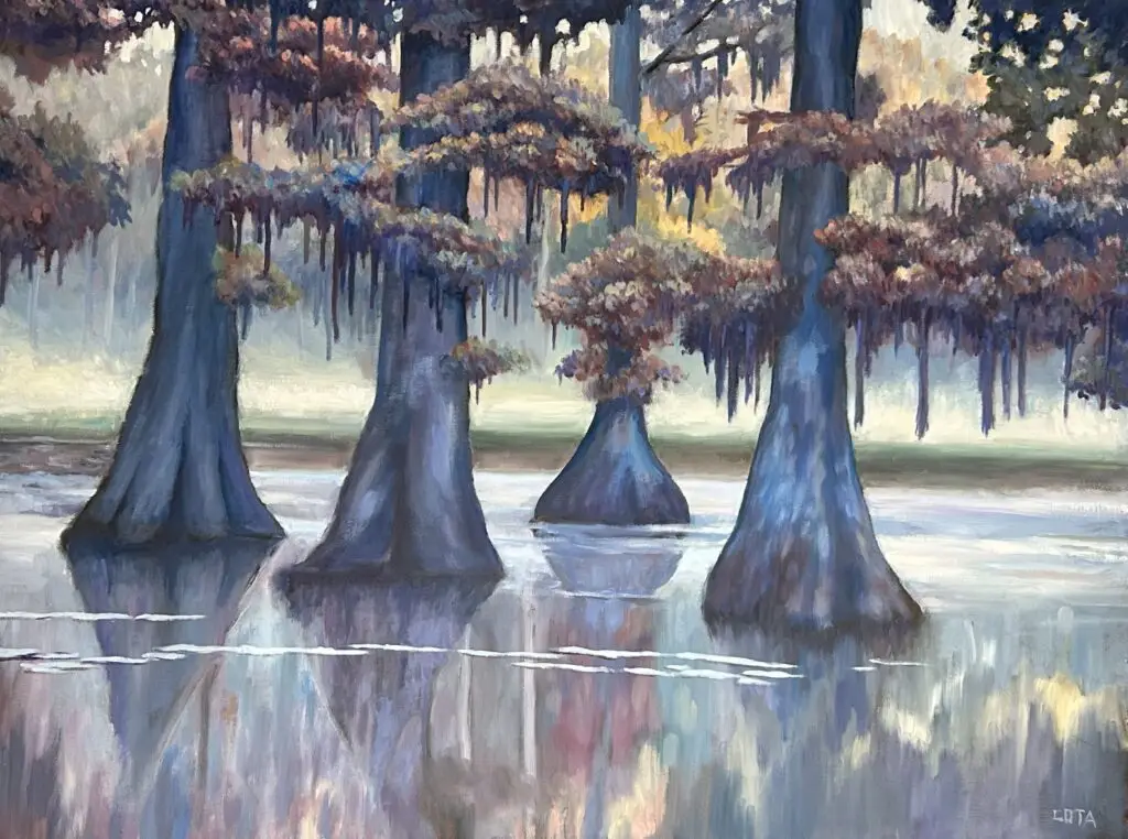Oil painting of a misty Louisiana bayou with cypress trees rising from calm water, Spanish moss, and colorful reflections.