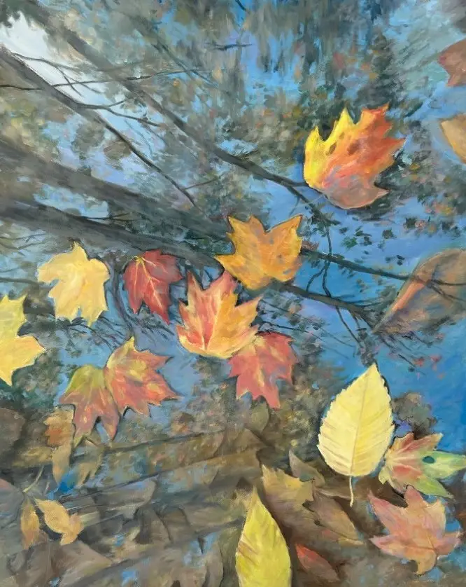 Oil painting of autumn leaves and tree branches reflected in a puddle, blending colorful foliage with layers of sky and water.