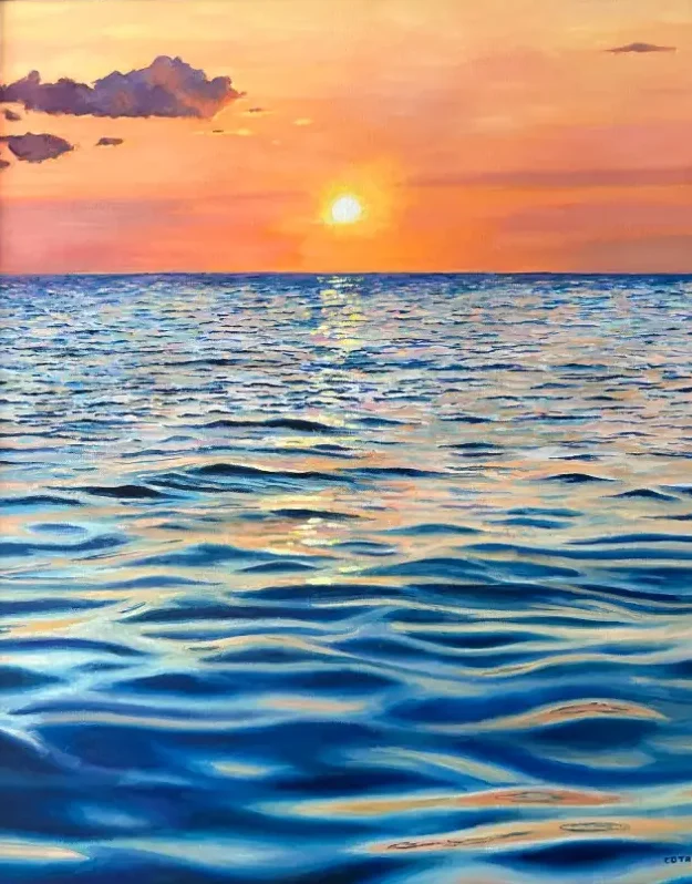Oil painting of a Cape Cod Bay sunset, with a glowing sun over the horizon and colorful waves reflecting the evening sky.