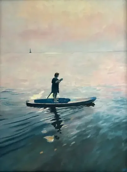 Oil painting of a lone paddler on a paddleboard on calm Flathead Lake, Montana, with soft morning light and reflections on the water.