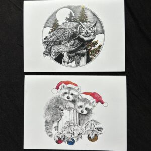 Set of eight blank Holiday cards featuring Gary Cota’s pen and ink wildlife drawings.