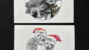 Set of eight blank Holiday cards featuring Gary Cota’s pen and ink wildlife drawings.