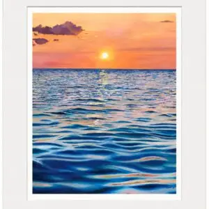 Signed print of an oil painting depicting a glowing sunset over the ocean with reflections across the Cape Cod Bay.