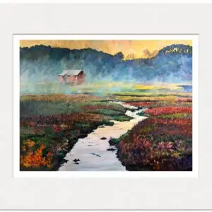 Signed print of an oil painting depicting a misty cranberry bog with a winding stream and distant pump house.