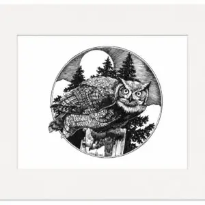 Signed pen and ink print of an owl perched on a tree stump beneath a full moon.