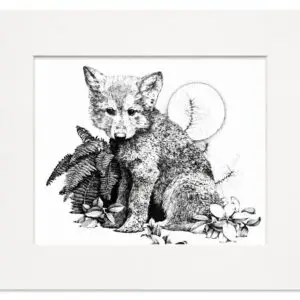 Signed pen and ink print of a young wolf surrounded by ferns and wildflowers.